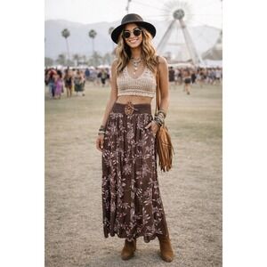 Jon & Anna Pleated Skirt Womens M Brown Floral Boho Hippie Festival